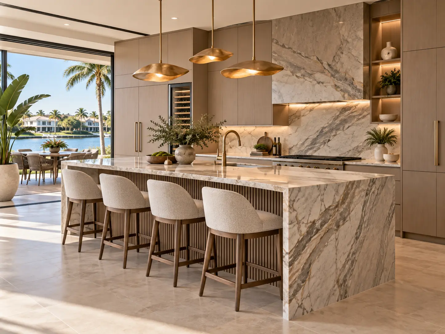 Contemporary kitchen with fluted island panelling, brass pendants and veined stone counters