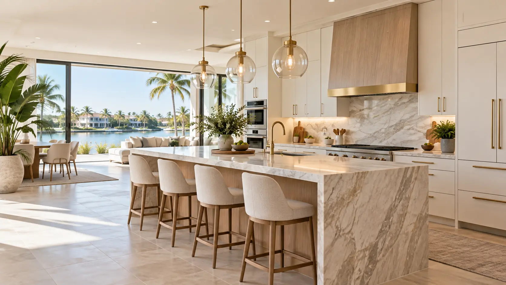 Bright Boca Raton kitchen with a stone waterfall island, brass pendants and waterway views