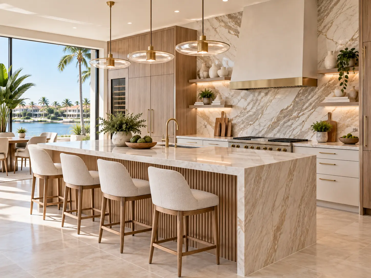 Luxury kitchen with a full-height stone backsplash, brass fixtures and fluted island cladding
